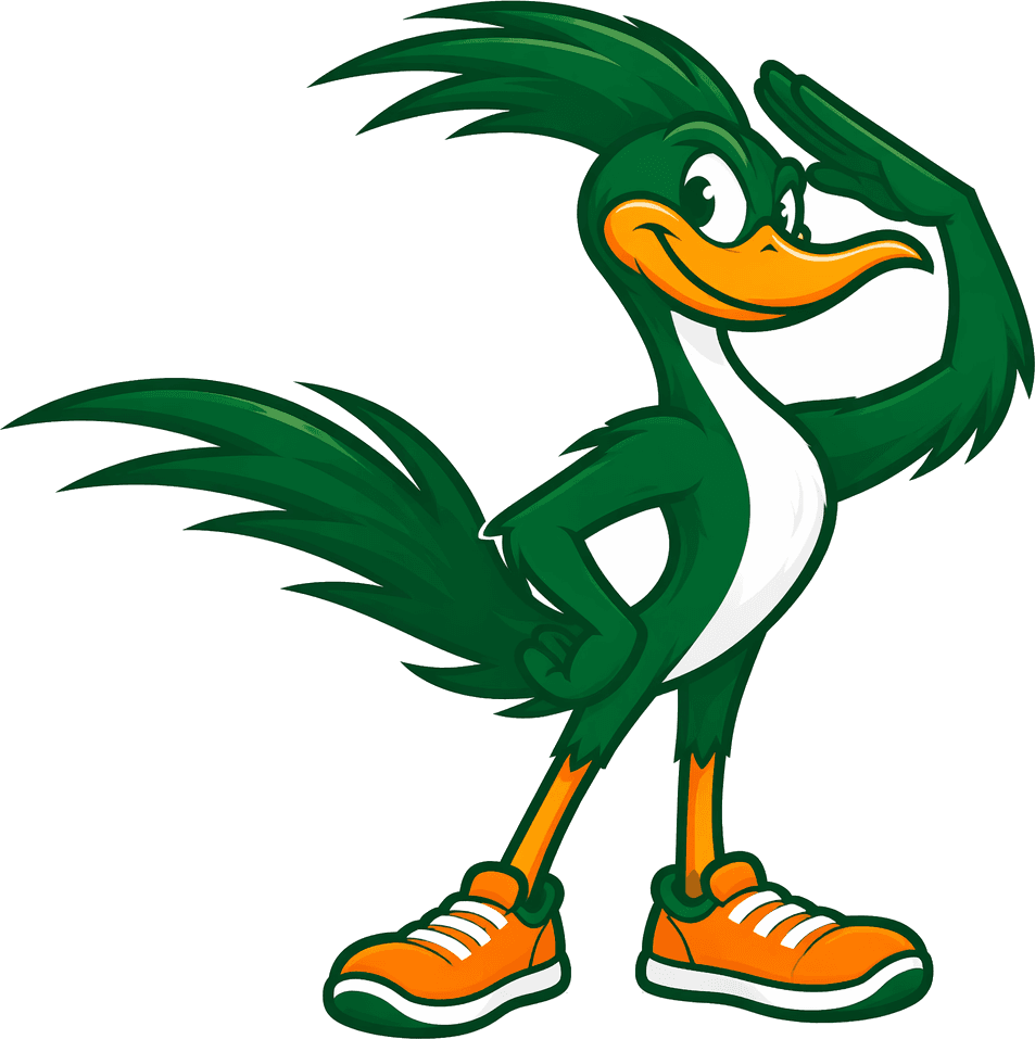 RunIt Errands roadrunner mascot saluting